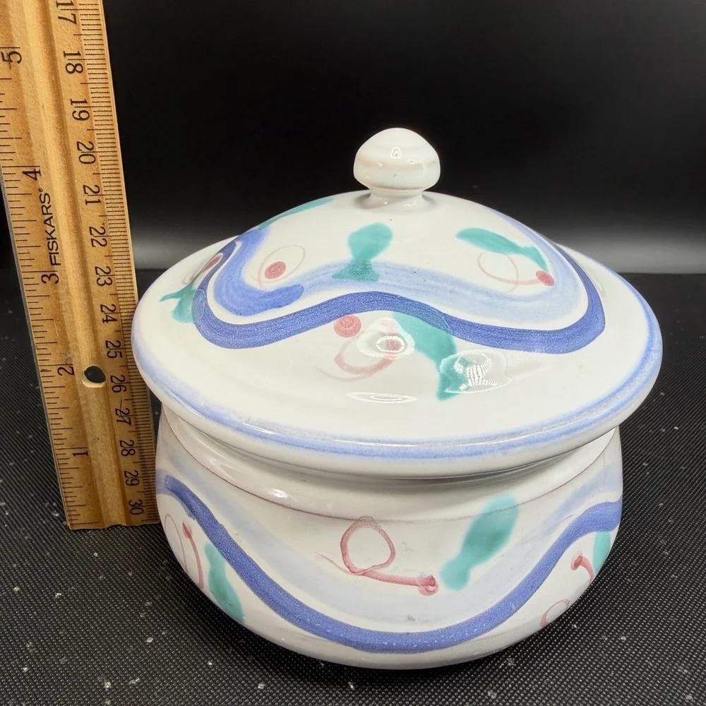 Nicola Fasano Italy Pier 1 Ceramic Lidded Jar Hand Painted Abstract Blue Pink 4